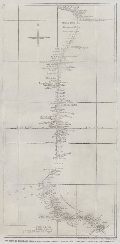 クーパーズクリークからカーペンタリア湾までのオーストラリア大陸を横切るバークと遺跡のルート 作： John Dower